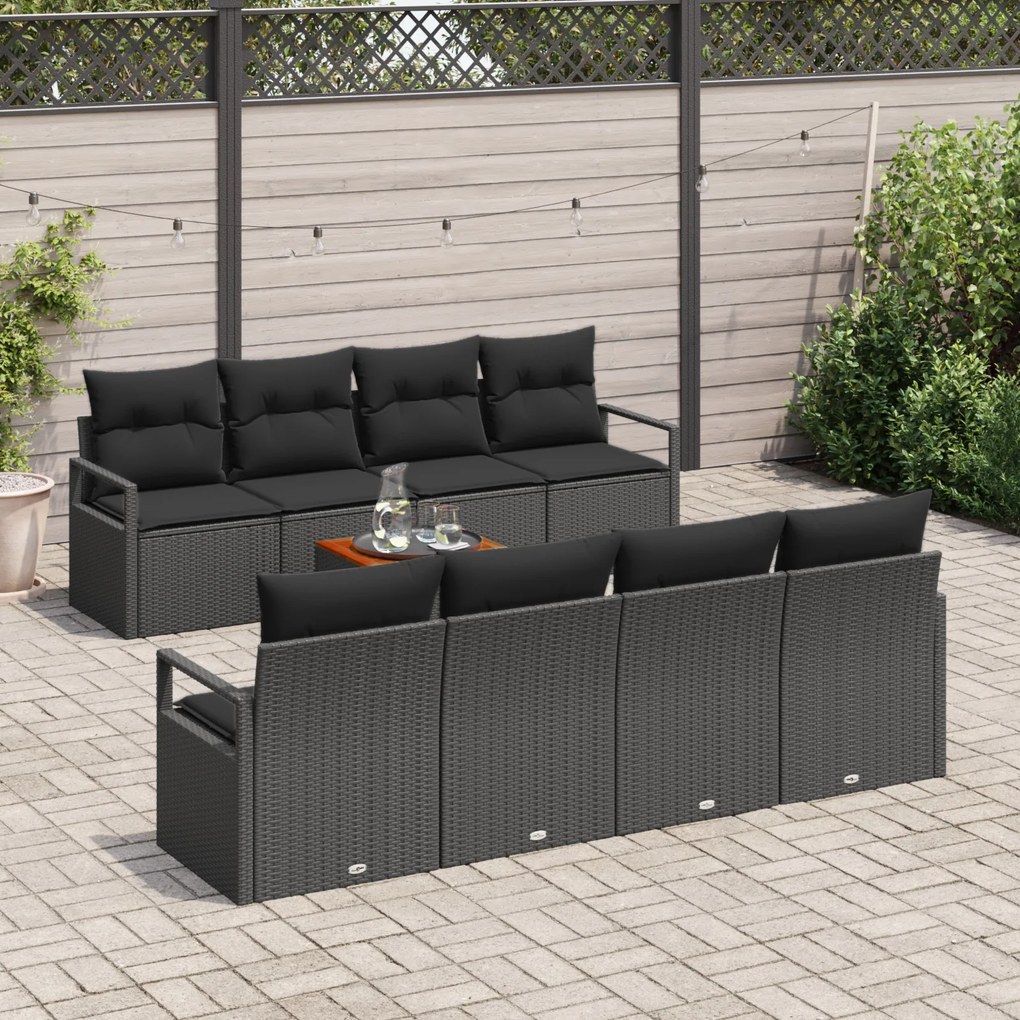 Conjunto de Sofá de Jardim de 9 Peças com Almofadas Pretas Rattan de P