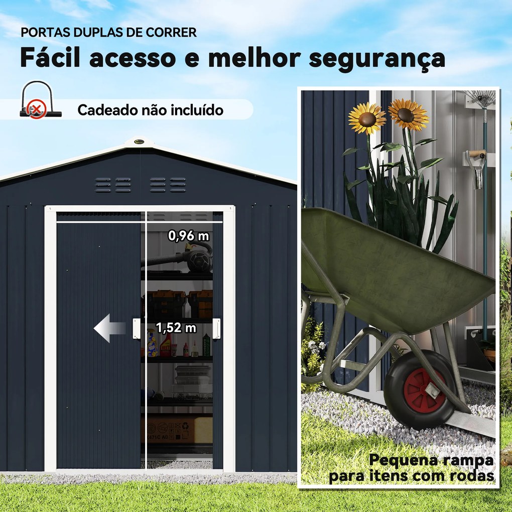 Abrigo de Jardim 4,9 m² 277x195x192 cm com 2 Portas Deslizantes Base Reforçada (Chão NÃO Incluído) Cinzento Escuro