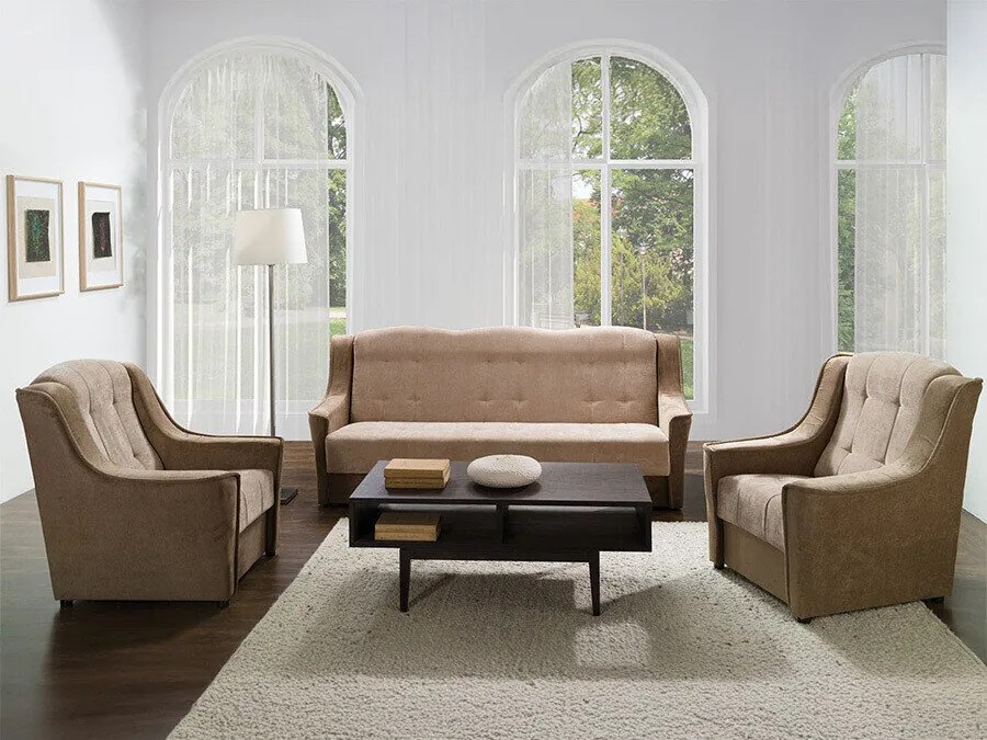 Conjunto de mobiliário com estofo Providence 110, Cama com arrumação, Tecido, Pernas: Plástico, Madeira