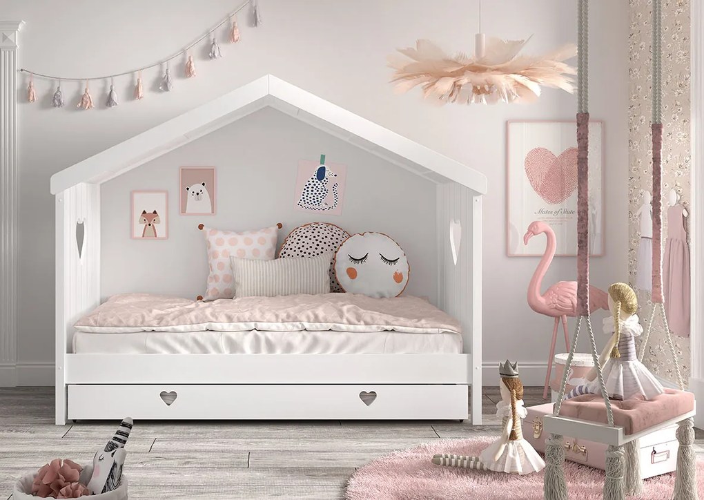 Cama infantil Coleção AMORI House 90x200cm + Estrado + Gaveta inferior Branca