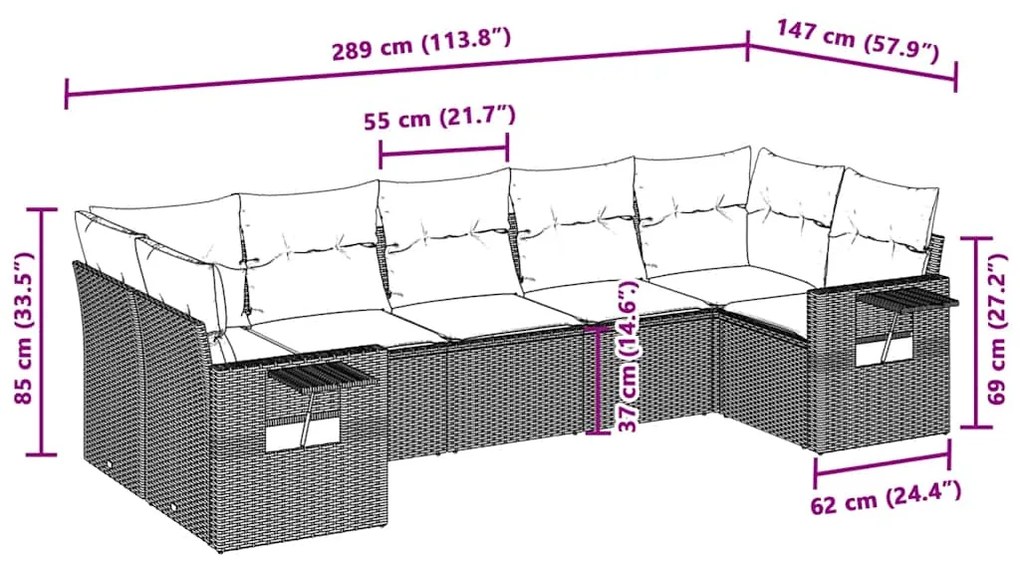 7 pcs conj. sofás jardim com almofadões vime PE cinzento-claro
