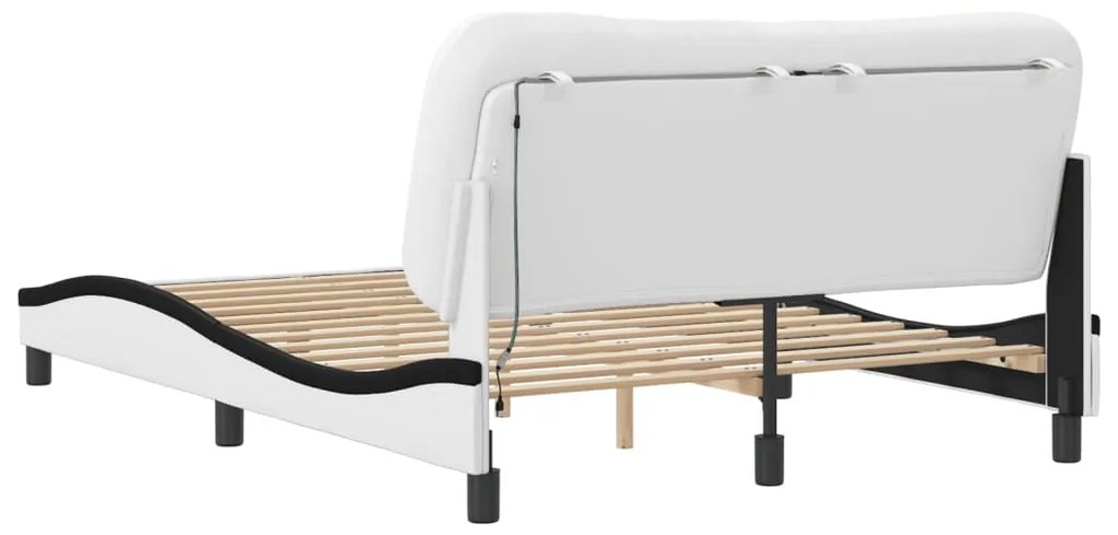 Estrutura cama c/ luzes LED 140x200cm couro artif. branco/preto