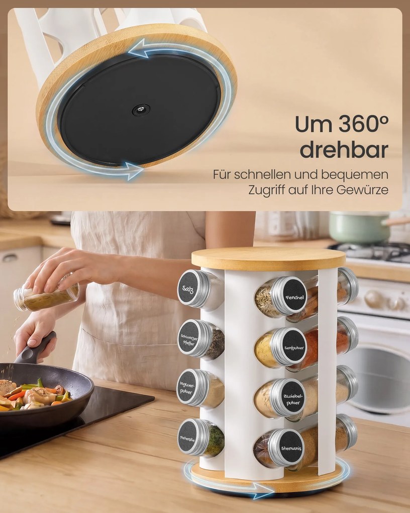 Estante giratória para especiarias,16 frascos 18 cm de diâmetro, 27,6 cm de altura branco e bege natural
