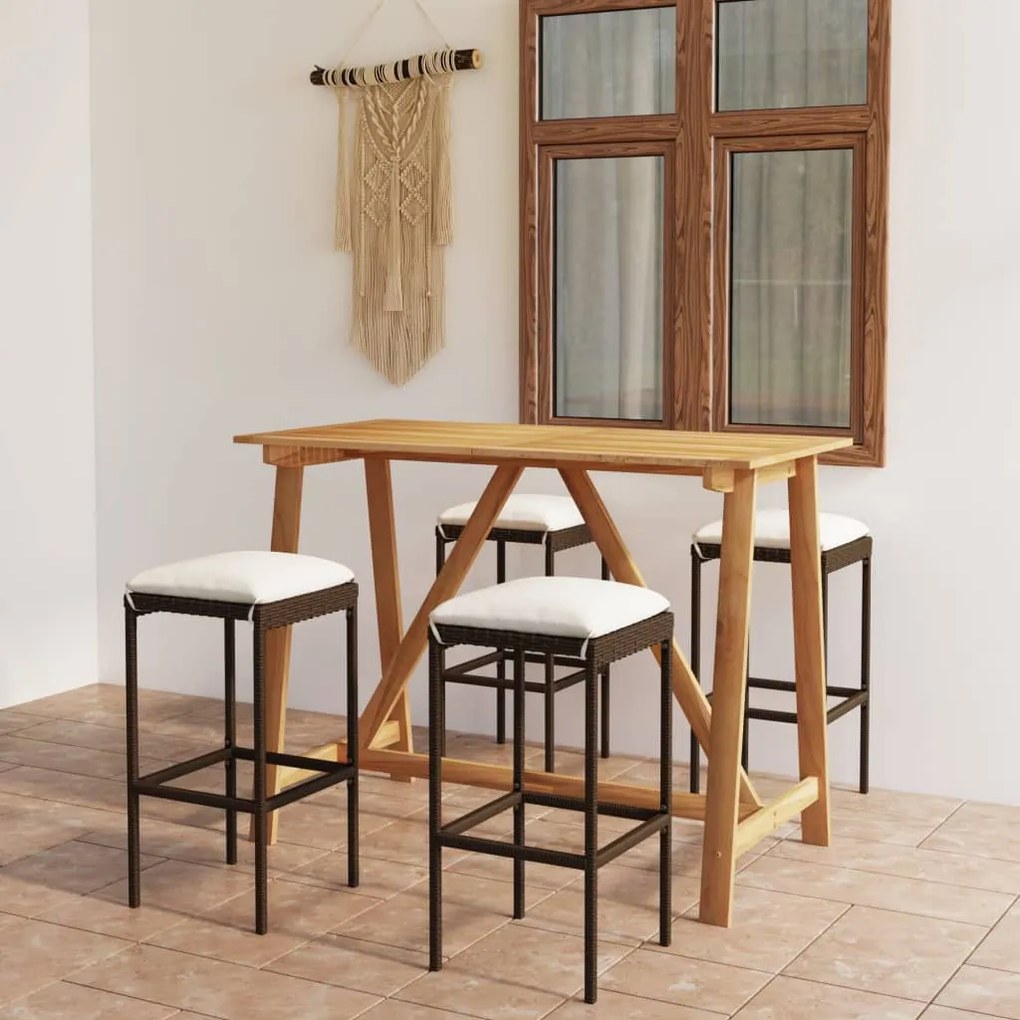 vidaXL 5 pcs conjunto de bar para jardim com almofadões castanho