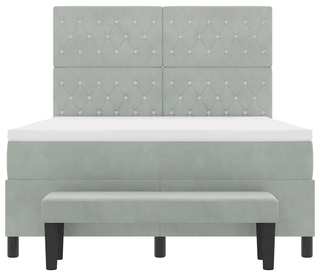 Cama Box Spring com Colchão e Banco Cinza Claro 140x190 cm Veludo