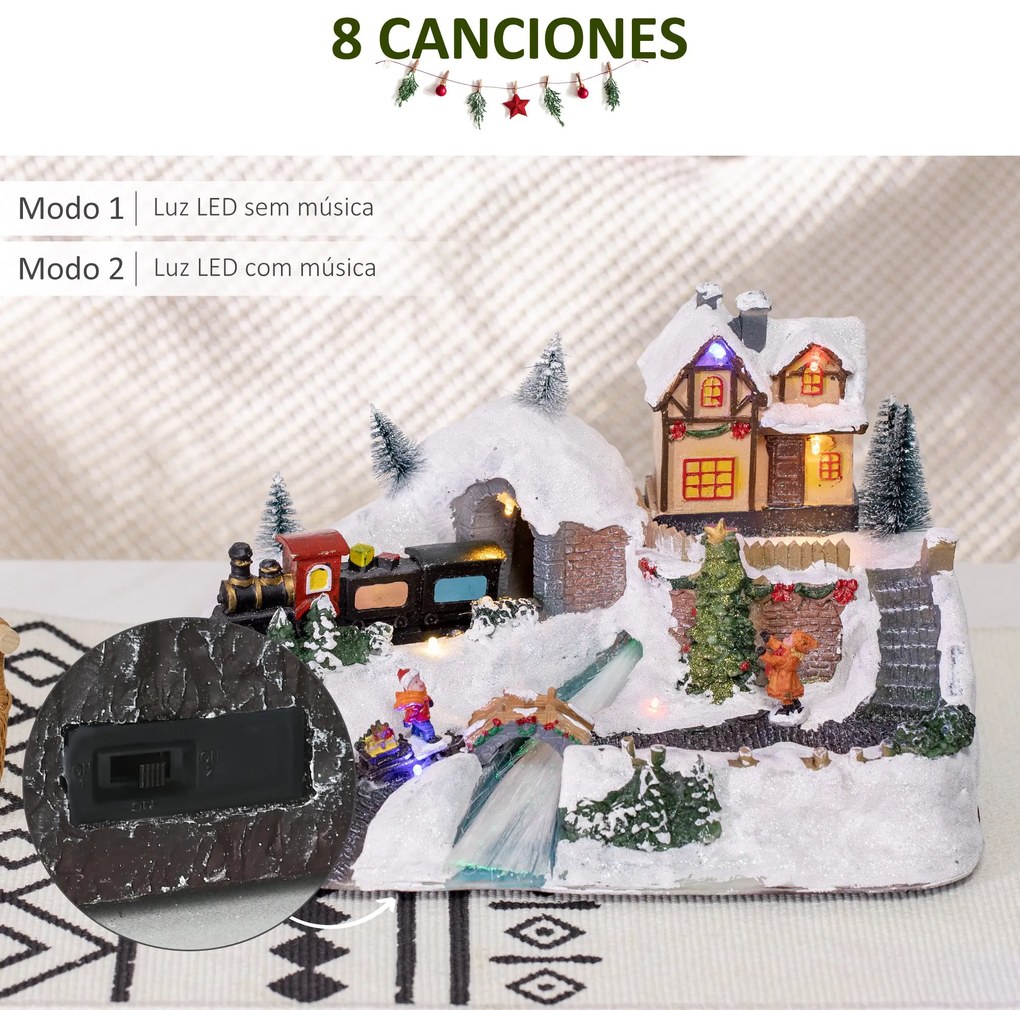 Cidade Natalina Iluminada com Luzes LED Árvore de Natal Giratória Música e Trem Decoração de Natal 30x19x19,5cm Multicor