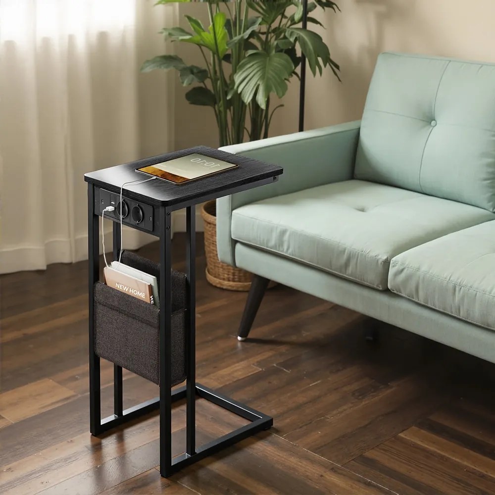 Mesa de apoio em forma de C com estação de carregamento 30 x 40 x 62 cm preto