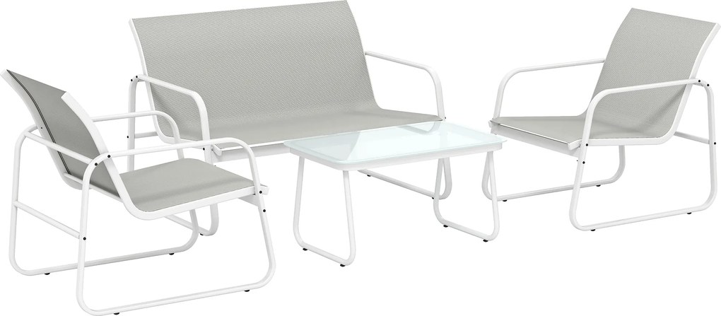 Conjunto de Jardim Exterior de 4 Peças com Sofá de 2 Lugares, 2 Poltronas e Mesa de Vidro Temperado, Tecido Textilene Cinzento Claro