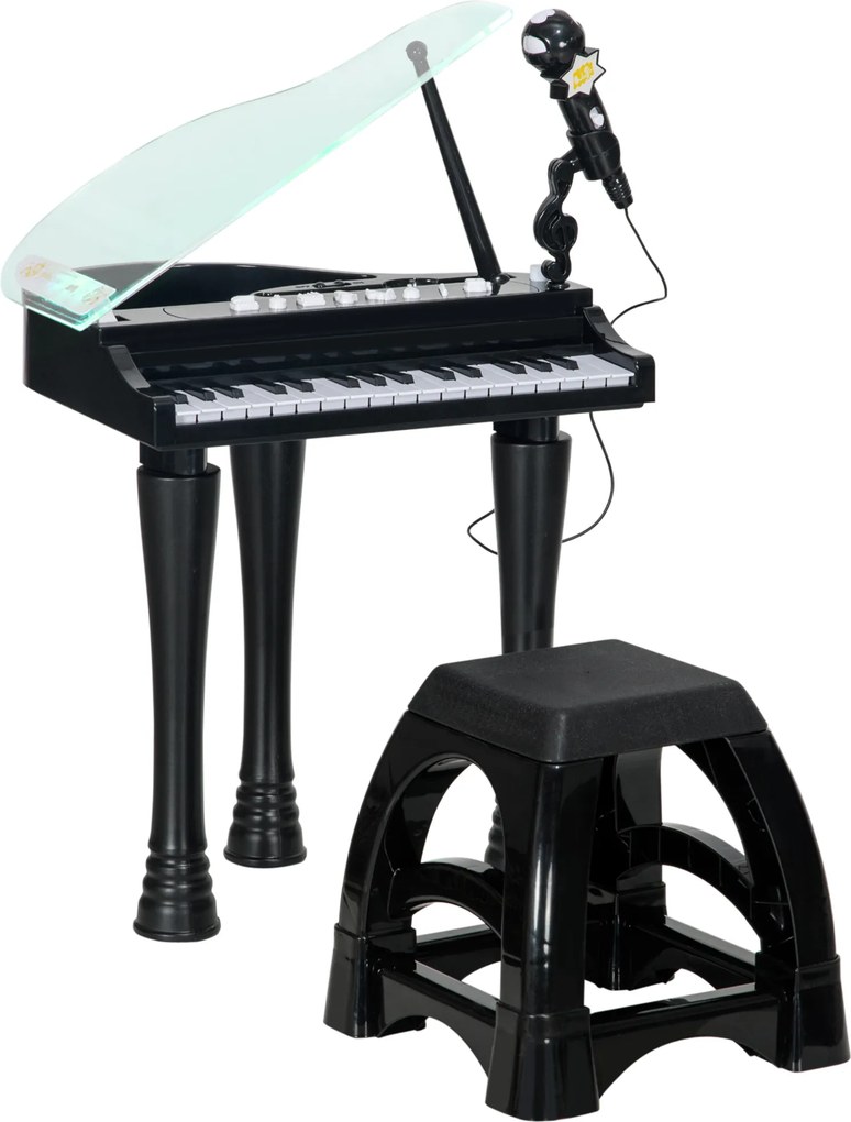 AIYAPLAY Piano Eletrónico Crianças 32 Teclas Microfone Luzes 22 Músicas 4 Tons Volume Ajustável 37x30,5x60 cm Preto Divertido | Aosom Portugal