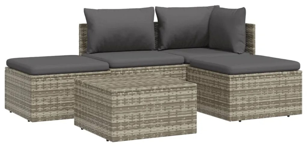 5 pcs conjunto lounge de jardim c/ almofadões vime PE cinzento