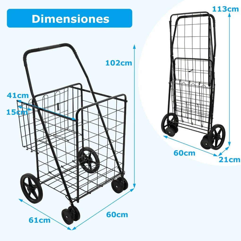 Carrinho de compras com forro de Oxford 120 L de metal dobrável Carrinho de supermercado portátil Carrinho de lavandaria Carga 40 kg 61 x 60 x 102 cm