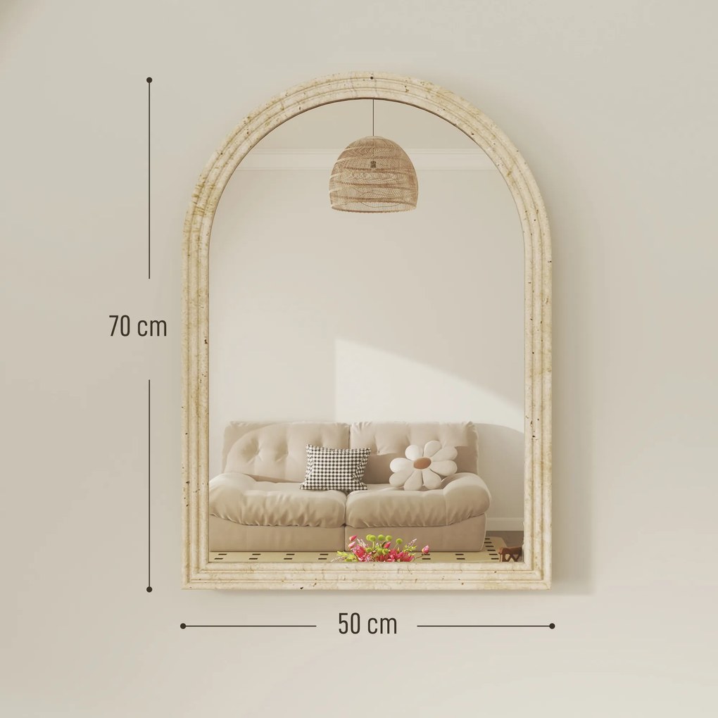 Espelho de Parede Arqueado Espelho de Casa de Banho 50x70 cm com Moldura de Imitação de Pedra Bege