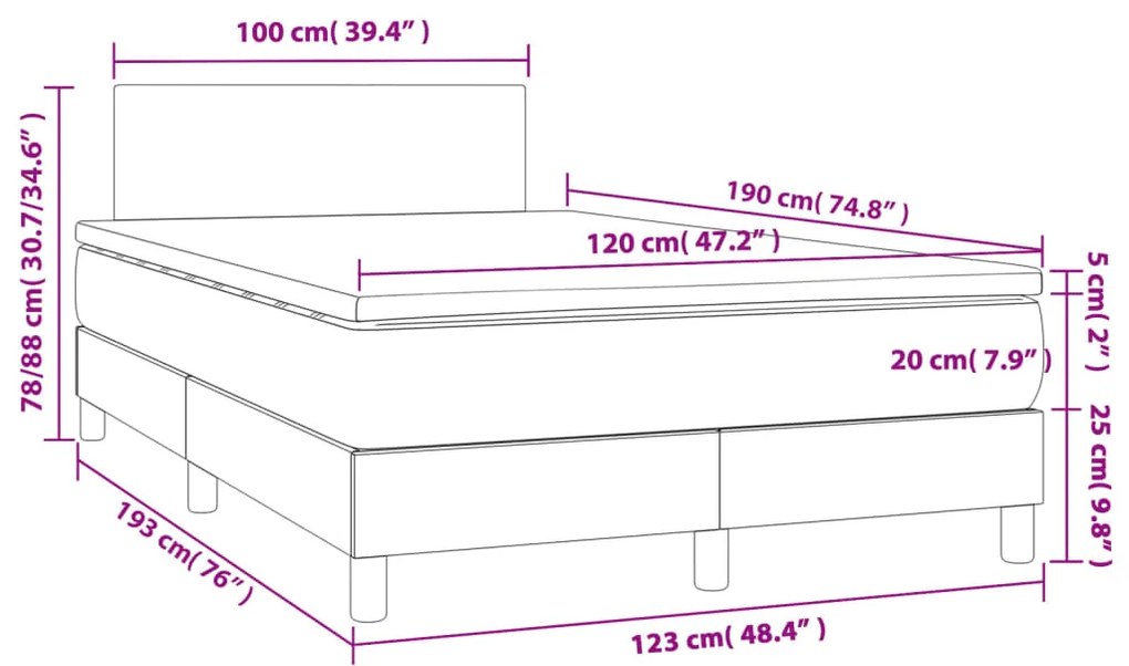 Cama box spring c/ colchão e LED 120x190 cm tecido cinza-claro