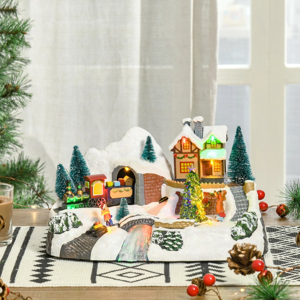 HOMCOM Aldeia de Natal com Luzes LED Árvore Giratória e Música Decoração de Natal 30x19x19,5cm Multicor