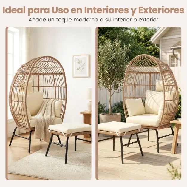 Cadeira Ovo Jardim em Rattan PE com pufe para Apoio para os pés Extragrande Castanho Misto