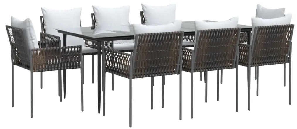 9 pcs conjunto de jantar p/ jardim com almofadões vime PE e aço