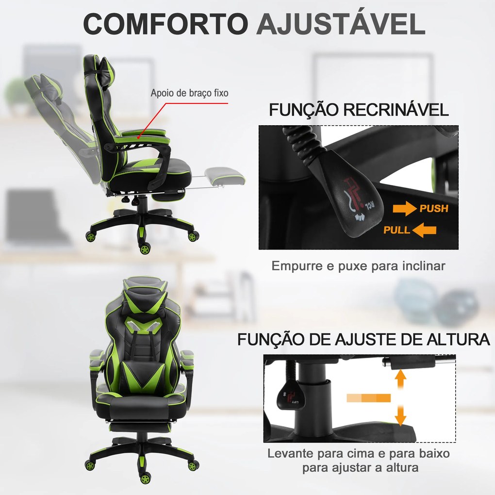 Cadeira de escritorio gaming ergonômica Altura Ajustável reclinável com apoio para pés Verde e Preto