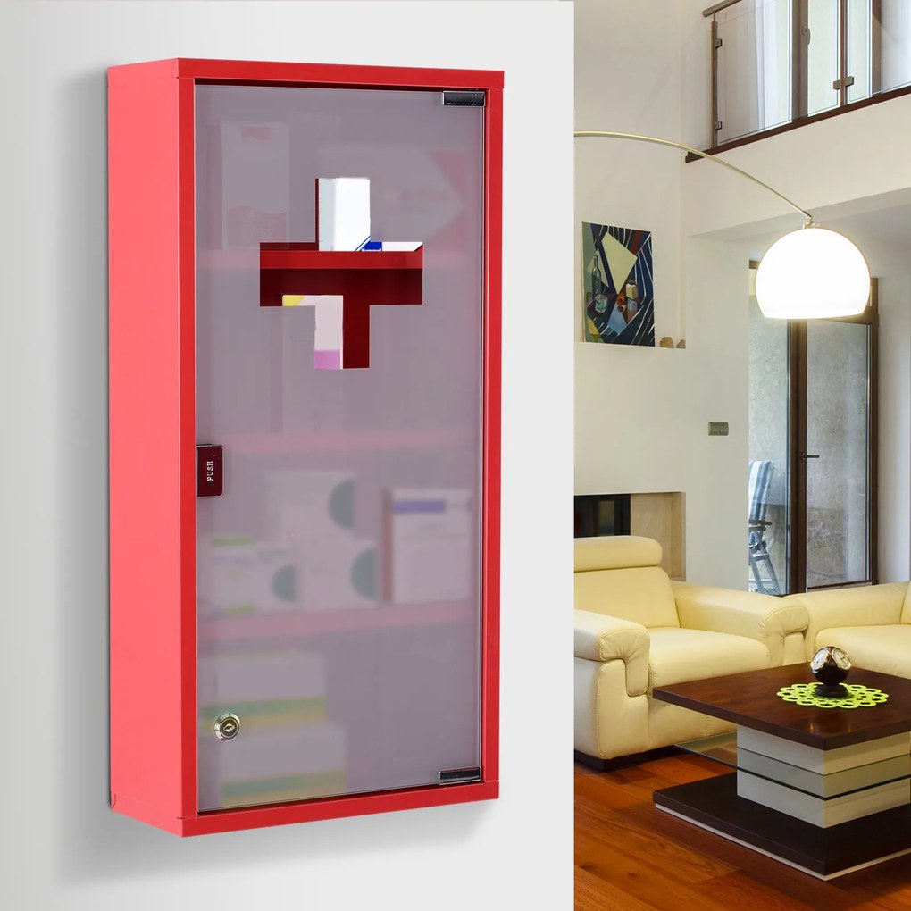 Armário de medicamentos com 3 prateleiras e 4 níveis 30 L x 12 L x 60 A cm, com fechadura, porta em vidro temperado fosco, logótipo «Croix», aço verme