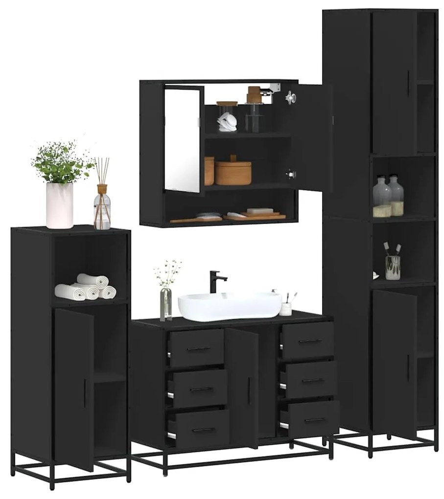 vidaXL 4 pcs conjunto móveis casa de banho derivados de madeira preto