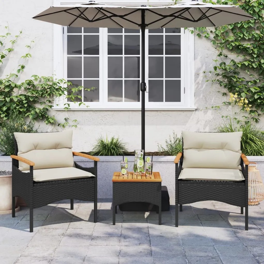 3 pcs conjunto sofás de jardim com almofadões vime PE preto