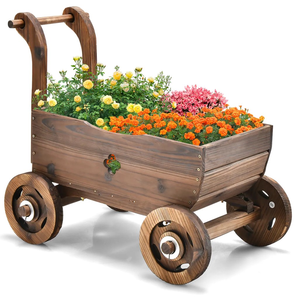 Carrinho floreira para flores com caixa de madeira, rodas, alça, orifício de drenagem, suporte para pote, decoração de jardim, pátio, varanda, castanh