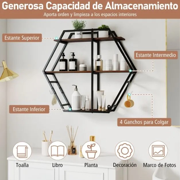Prateleira hexagonal de parede 80 x 18 x 69,5 cm com 3 níveis flutuantes com ganchos de metal e madeira para quarto, sala de estar, café
