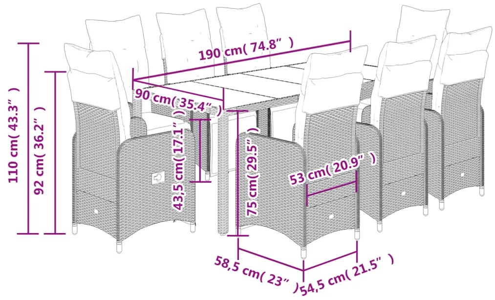 9 pcs conjunto bistrô de jardim c/ almofadões vime PE cinzento