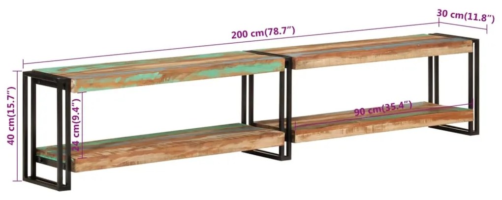 Móvel de TV 200x30x40 cm madeira recuperada maciça