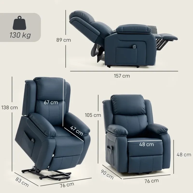 Poltrona Relax Levanta Pessoas com Controle Remoto Reclinação Elétrica de 160° Apoio para os Pés 76x90x105 cm Azul Escuro