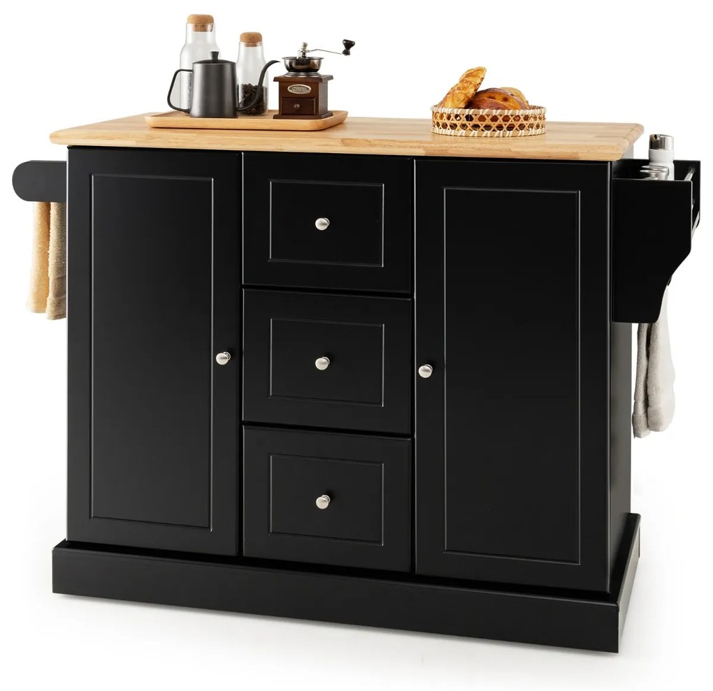 Carrinho de cozinha 127 cm x 46 cm x 91,5 cm com rodas e bancada em madeira de borracha, 3 gavetas e 2 armarios com prateleiras ajustáveis Preto