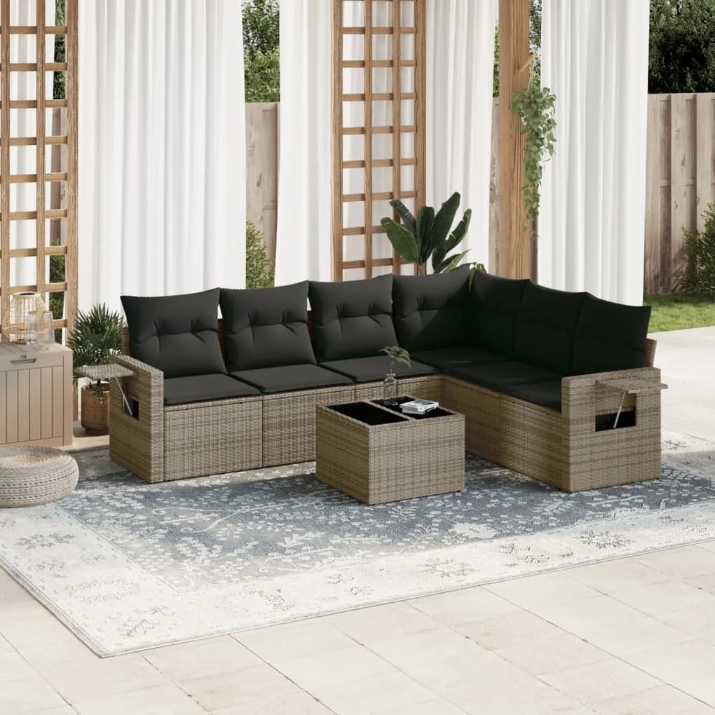 7 pcs conjunto sofás p/ jardim c/ almofadões vime PE cinzento