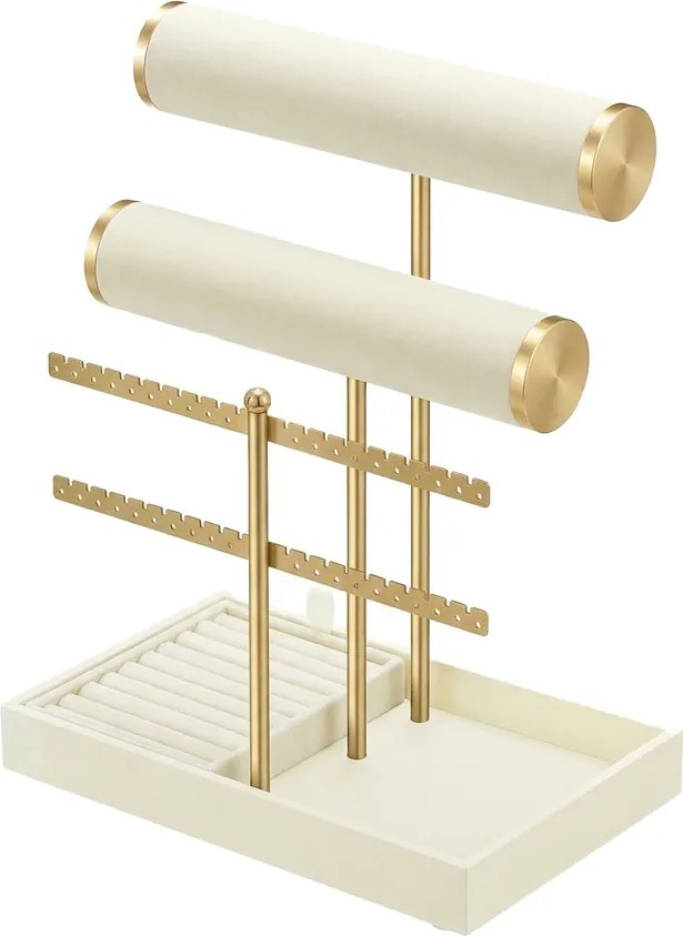 Porta-joias com suporte para anéis removível  15 x 22 x 29,2 cm Branco creme-dourado