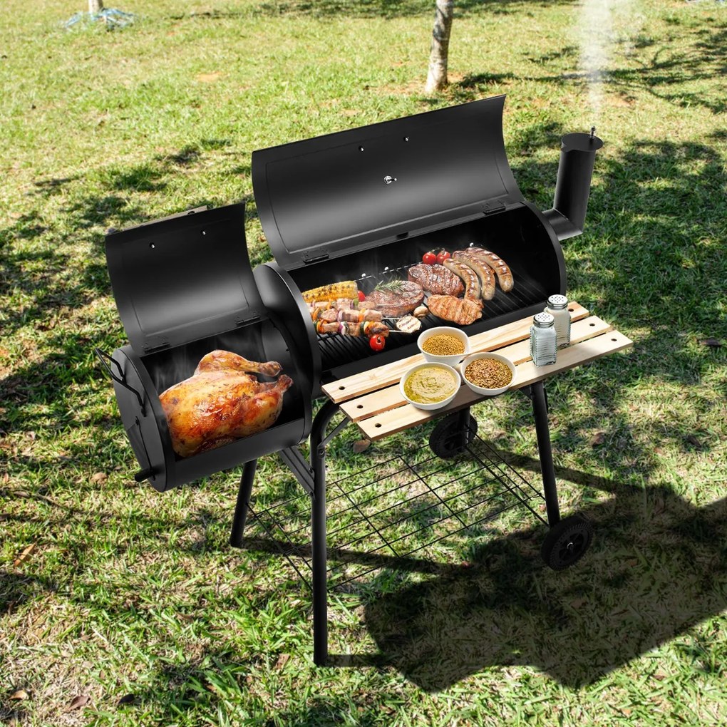 Grelhador a carvão para churrasco com prateleira lateral para fumeiro alças de madeira duas rodas 115 x 65 x 108 cm preto