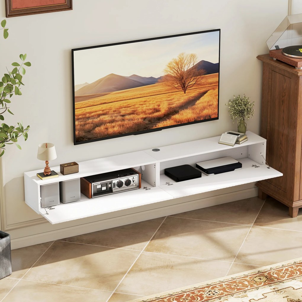 Móvel de TV suspenso 180 x 25 x 22 cm, móvel para televisor de 72 polegadas, 2 portas rebatíveis, branco