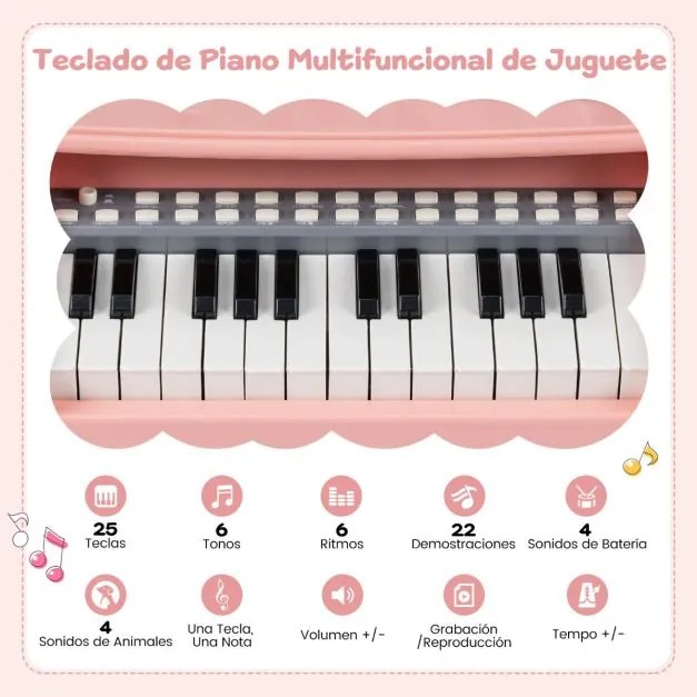 Piano de 25 teclas para crianças 30,5 x 17,5 x 32,5 cm com atril e microfone Brinquedo educativo para aprendizagem precoce 3+ anos Rosa