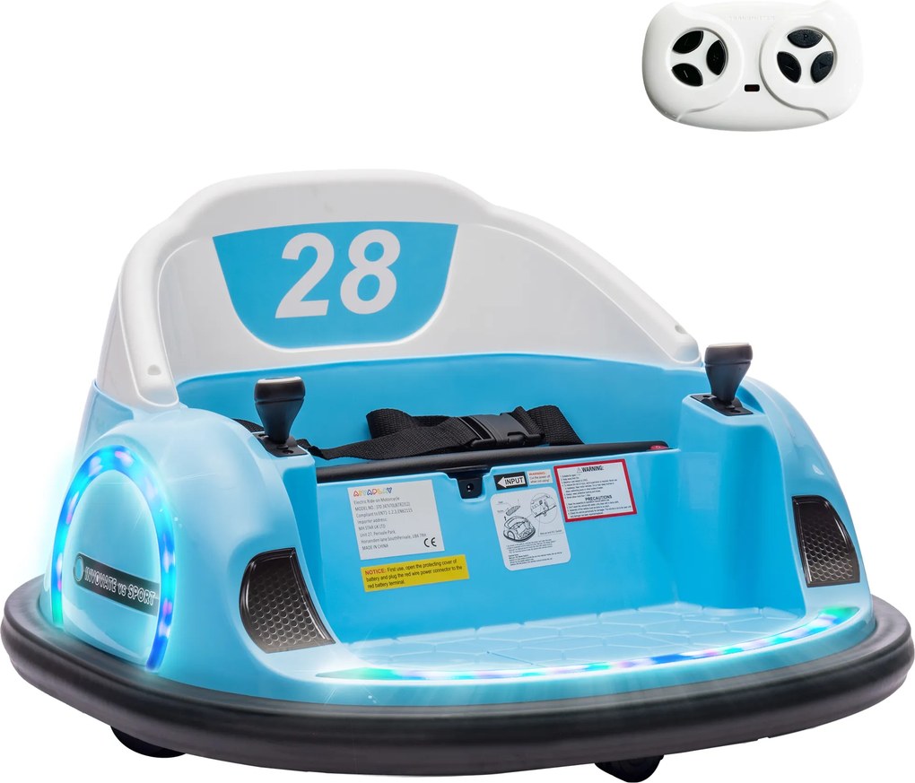 AIYAPLAY Autoscooter, Rotação 360°, Velocidade 2 km/h, Cinto de segurança, Luzes LED, Música e Buzina, Azul | Aosom Portugal