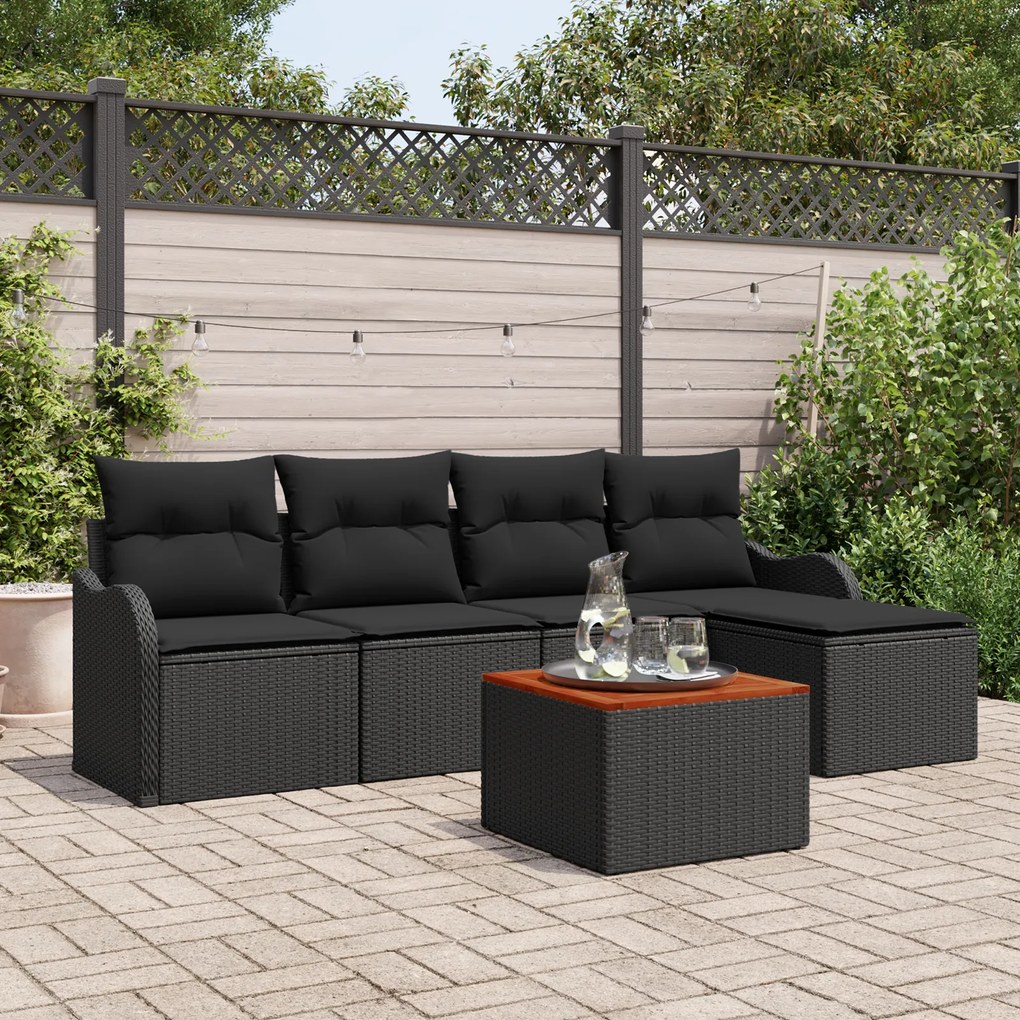 Conjunto de Sofás de Jardim de 6 Peças com Almofadas Preto Vime Poliés