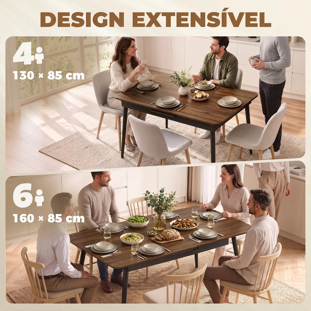 Mesa de Jantar Extensível para 4-6 Pessoas (CADEIRAS NÃO INCLUIDAS) Estilo Industrial Cantos Arredondados 130-160x85x75 cm cor Nogueira