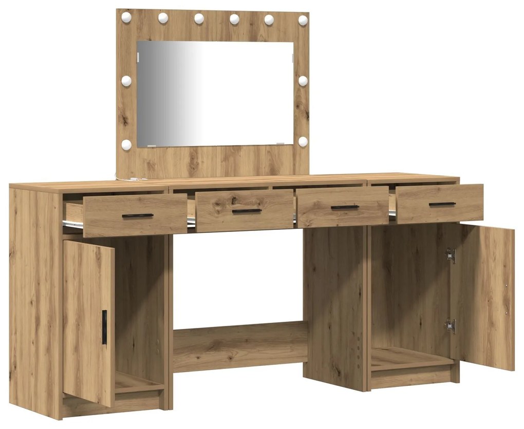 Conjunto de Mesa de Maquilhagem de 3 Peças com LED Carvalho Artesanal