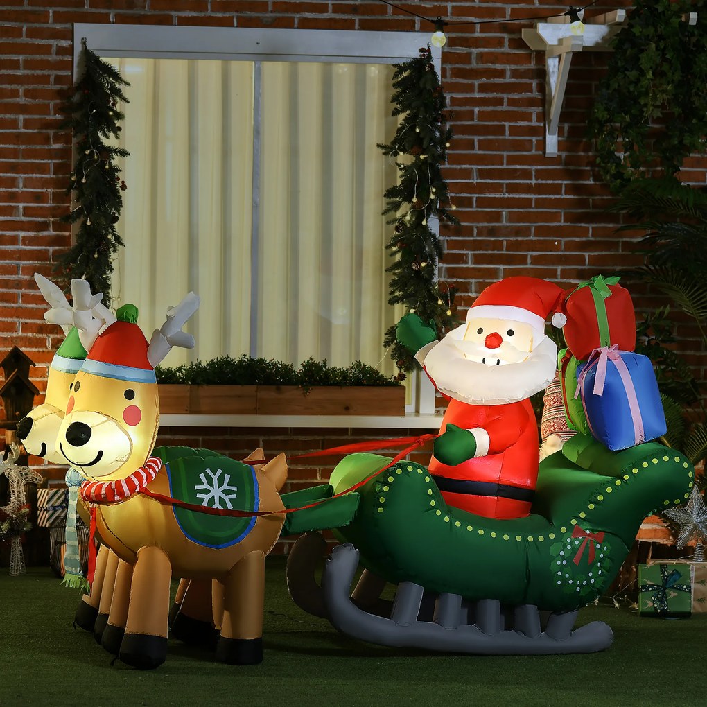 HOMCOM Decoração Insuflável de Natal Pai Natal com Trenó e 2 Renas Decoração de Natal com 4 Luzes LED para Jardim Pátio 210x70x125 cm Multicor