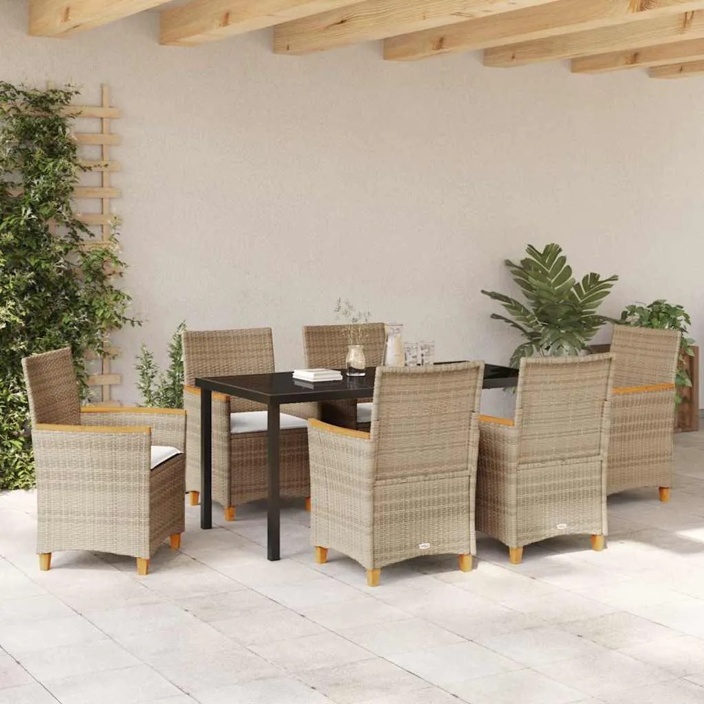 Conjunto de jantar de jardim com 7 peças e almofadas bege em rattan pl