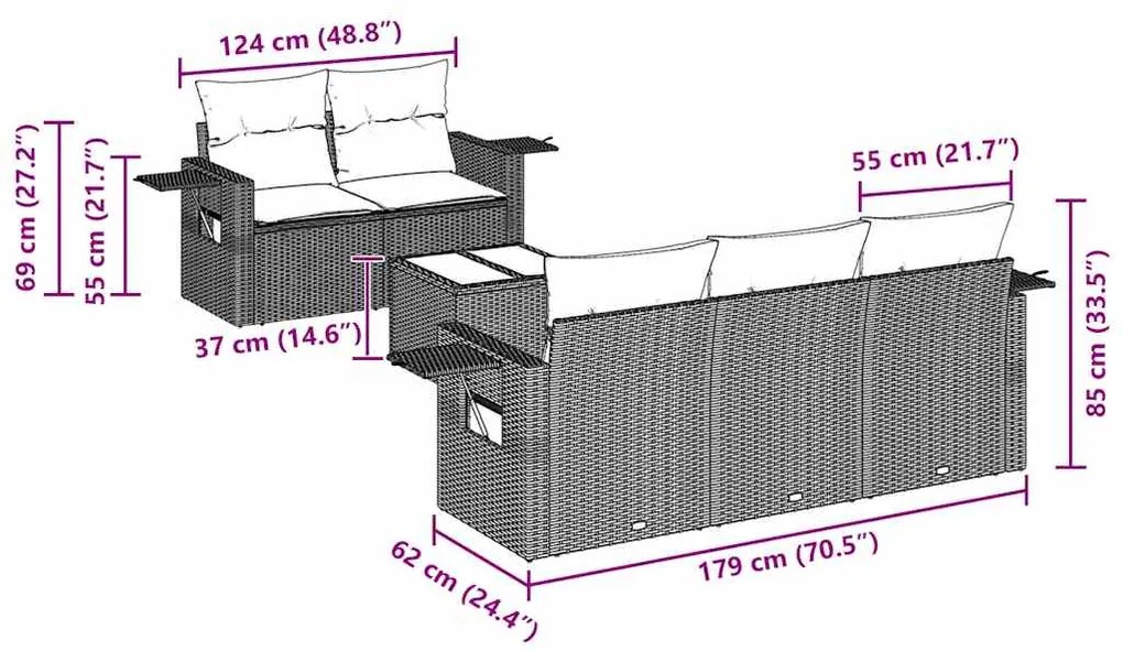 6 pcs conjunto sofás de jardim c/ almofadões vime PE preto