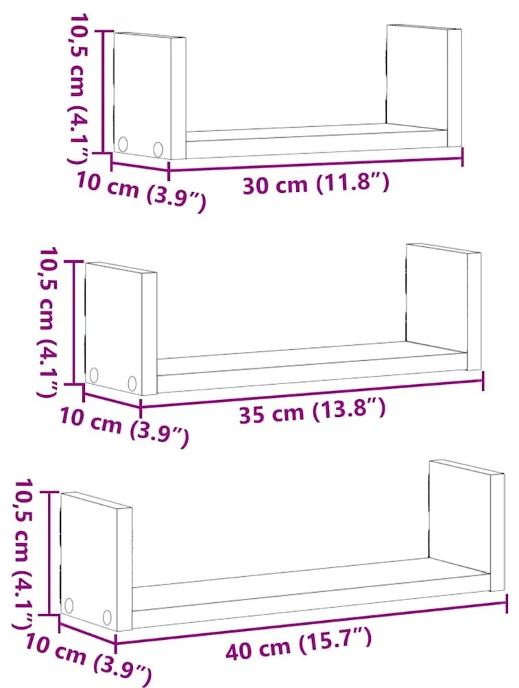 Prateleira de parede 3pcs derivados de madeira cinzento cimento