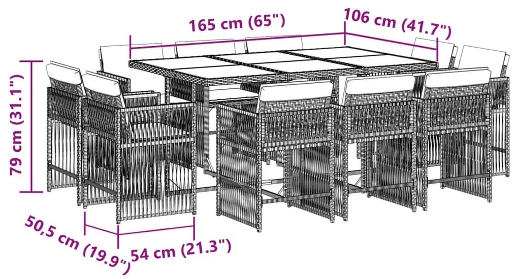 11 pcs conjunto jantar p/ jardim c/ almofadões vime PE cinzento