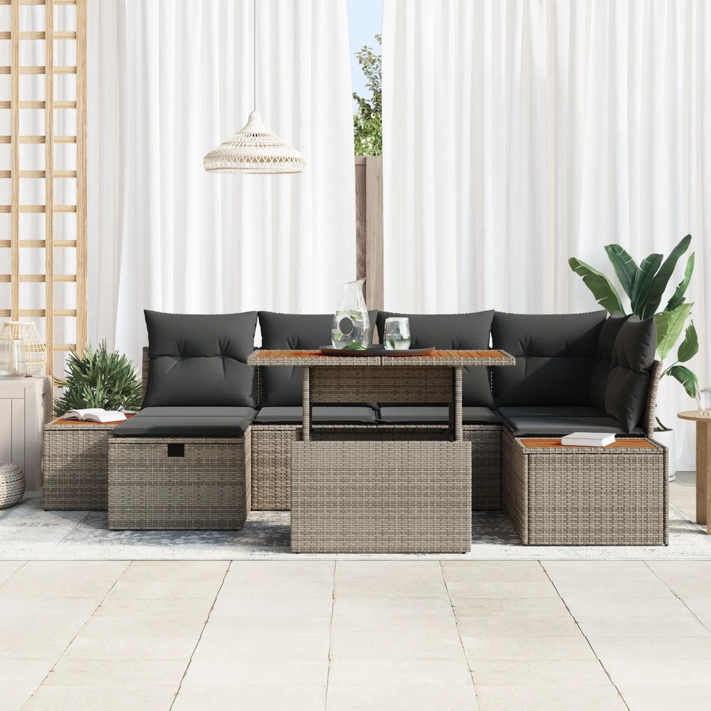 Conjunto de Sofá de Jardim 7 Peças com Almofadas Cinza Rattan Poliéste