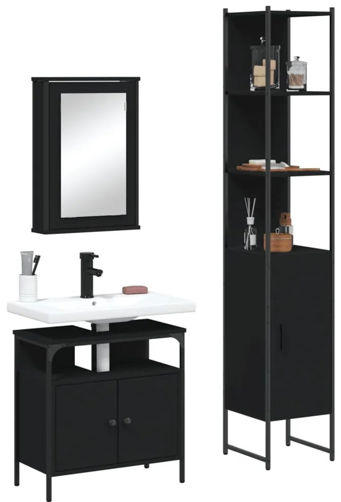 vidaXL 3 pcs conjunto móveis casa de banho derivados de madeira preto