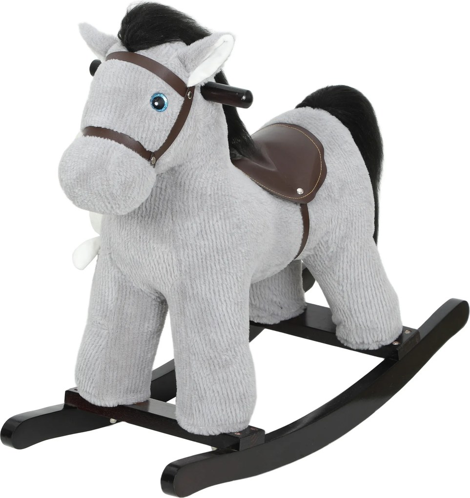 Cavalo de baloiço para crianças, brinquedo de baloiço para bebés em peluche com efeitos sonoros e boneca, 71 x 26 x 55 cm, cinzento