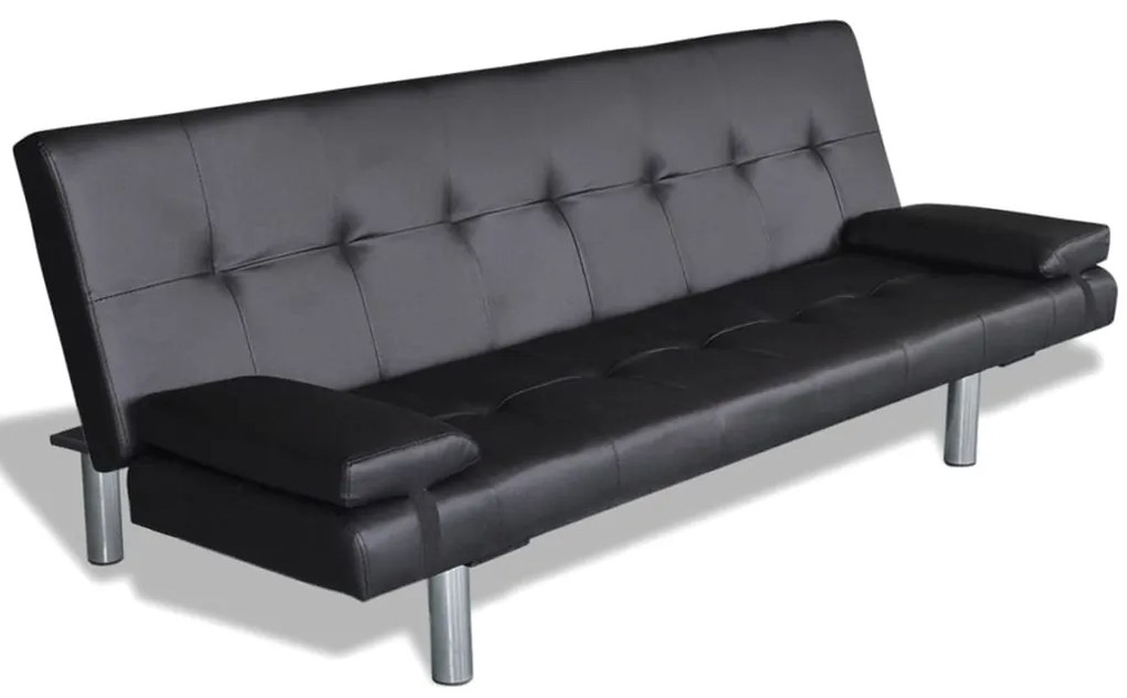 Sofa-cama ajustável com 2 almofadas couro artificial preto