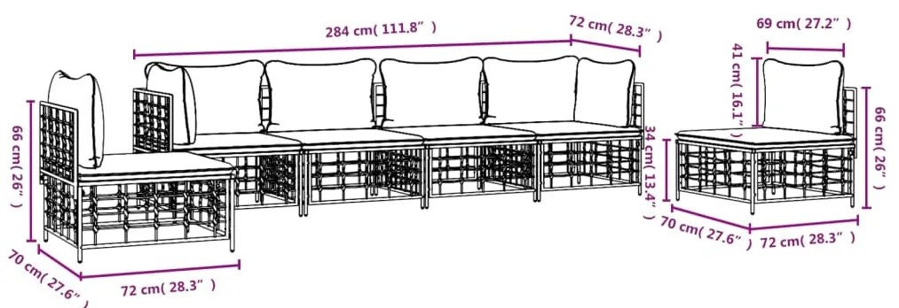 6 pcs conjunto lounge de jardim c/ almofadões vime PE antracite
