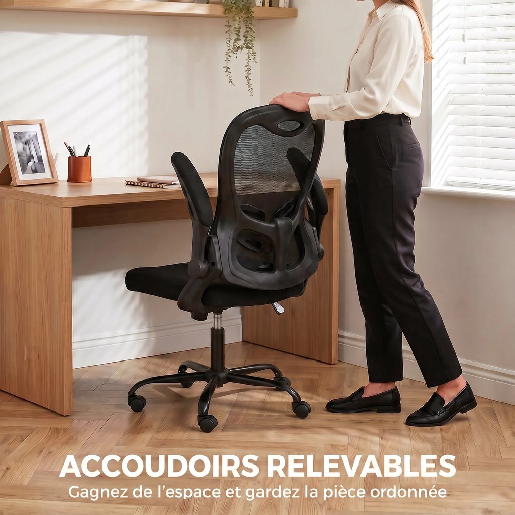 Cadeira de escritório ergonómica, em malha, braços rebatíveis, altura ajustável preta